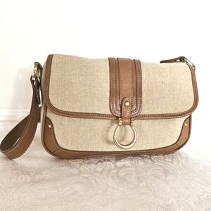 Etienne Aigner Linen Shoulder Bag with Shiny Gold Hardware. Ra…